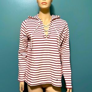 L.L. Bean Red Stripe Retro Nautical Lace Front Hooded Shirt